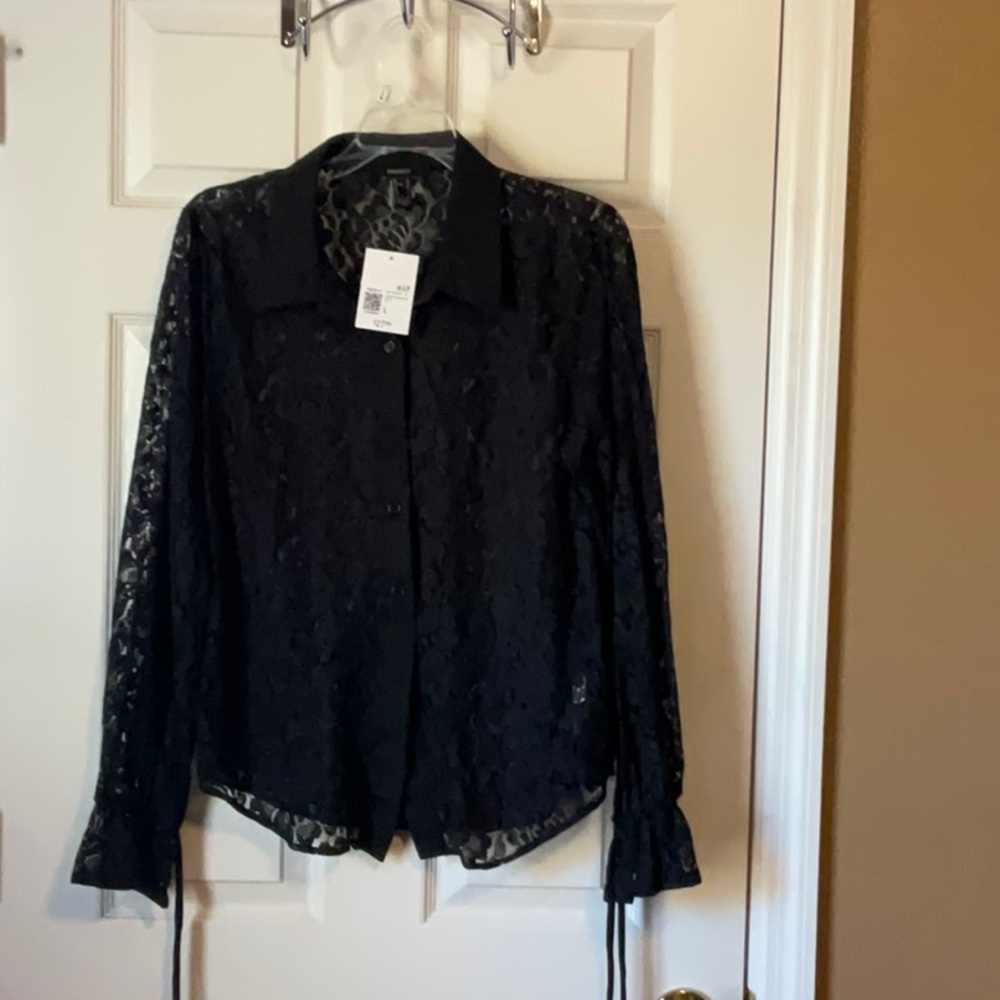 Forever 21 Women’s Boho Sheer Lace Button Down Long Bell Sleeves Top Size Large